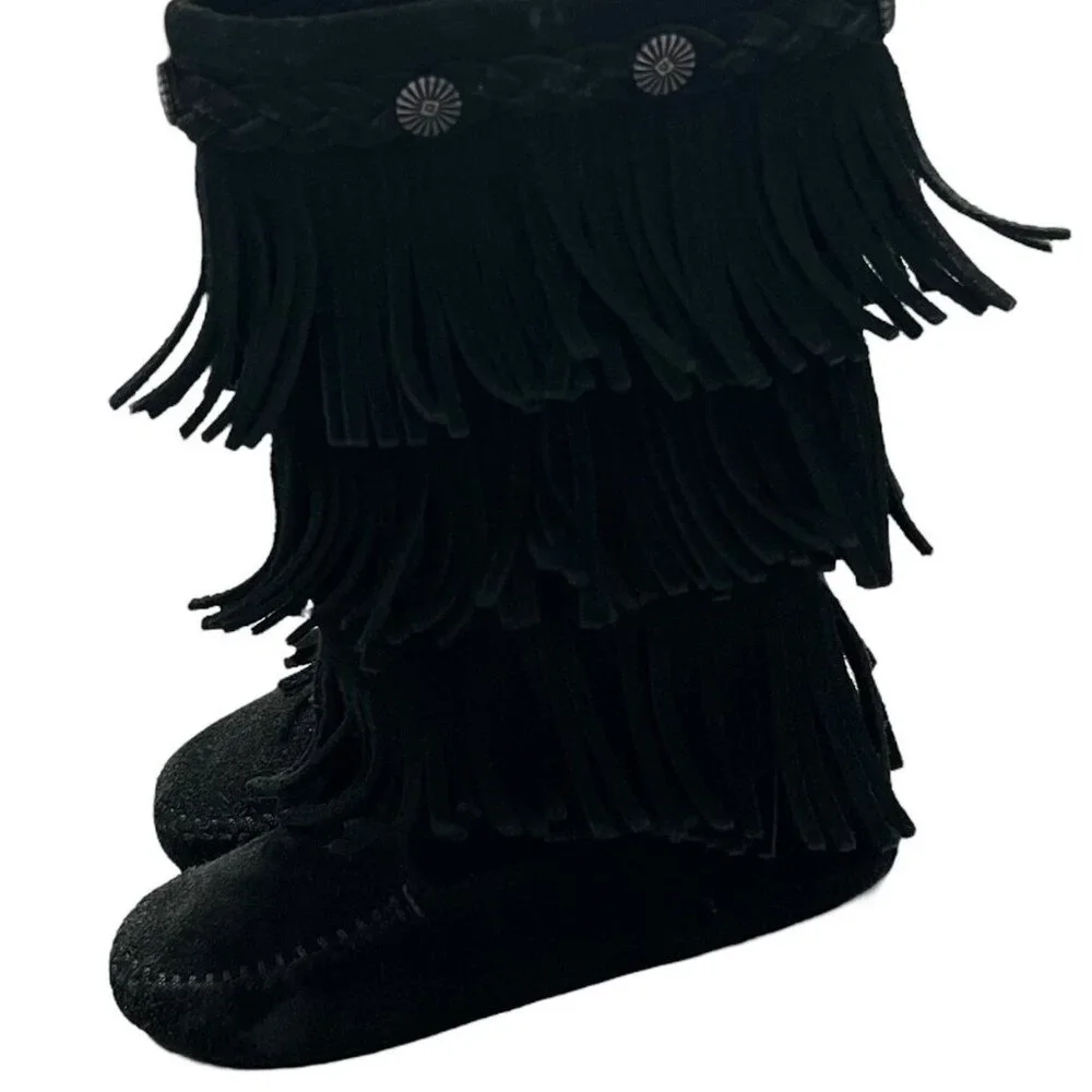 Minnetonka Sz 12 Black Suede Leather Fringe Boots